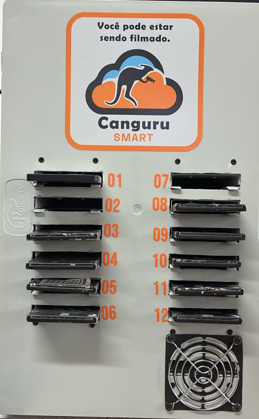 Painel do SmartBkp com 12 gavetas numeradas para SSD e o selo Canguru Smart