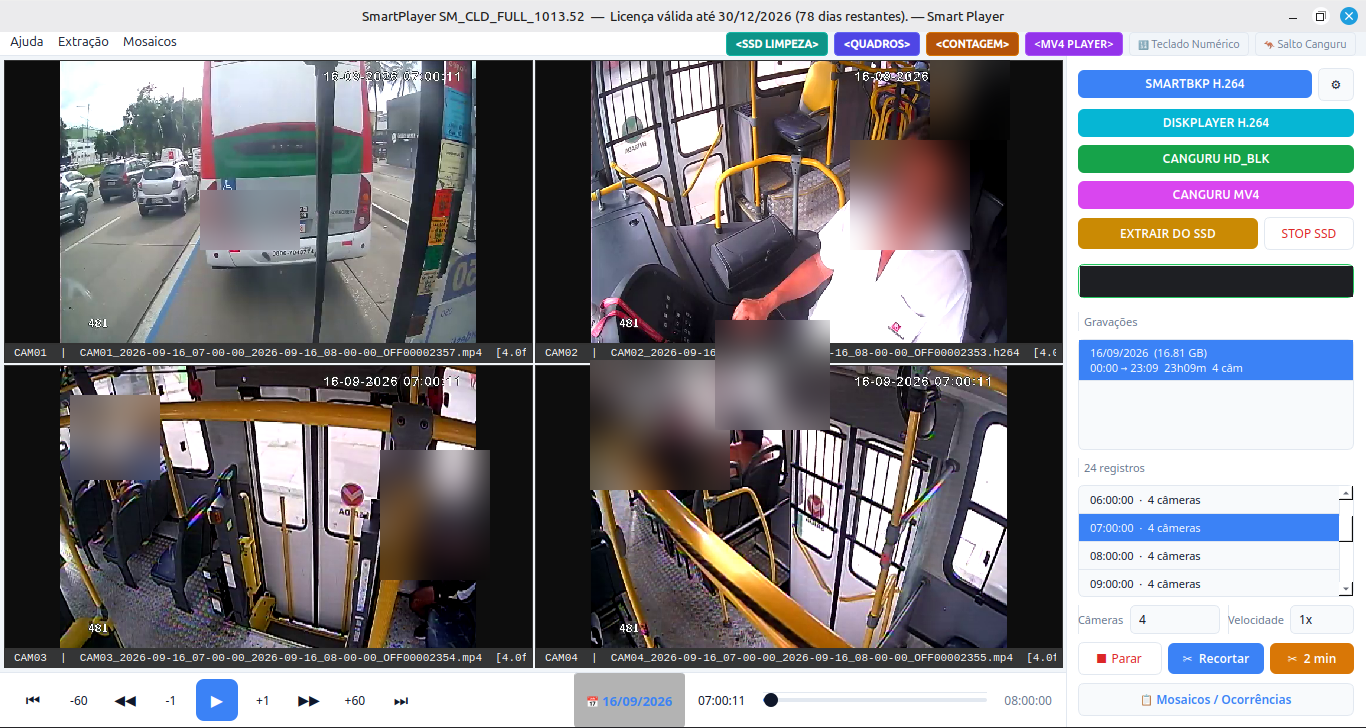 Tela do SmartPlayer reproduzindo quatro câmeras de um ônibus em sincronia, com lista de gravações e controles de recorte